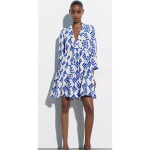 Zara V Neck Elbow Sleeve Tiered Mini Dress Blue Size Small